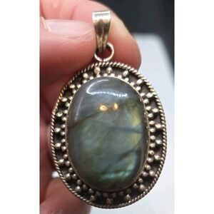 Vintage Sterling Silver Labradorite Pendant Boho Bali Style Oval Cabochon